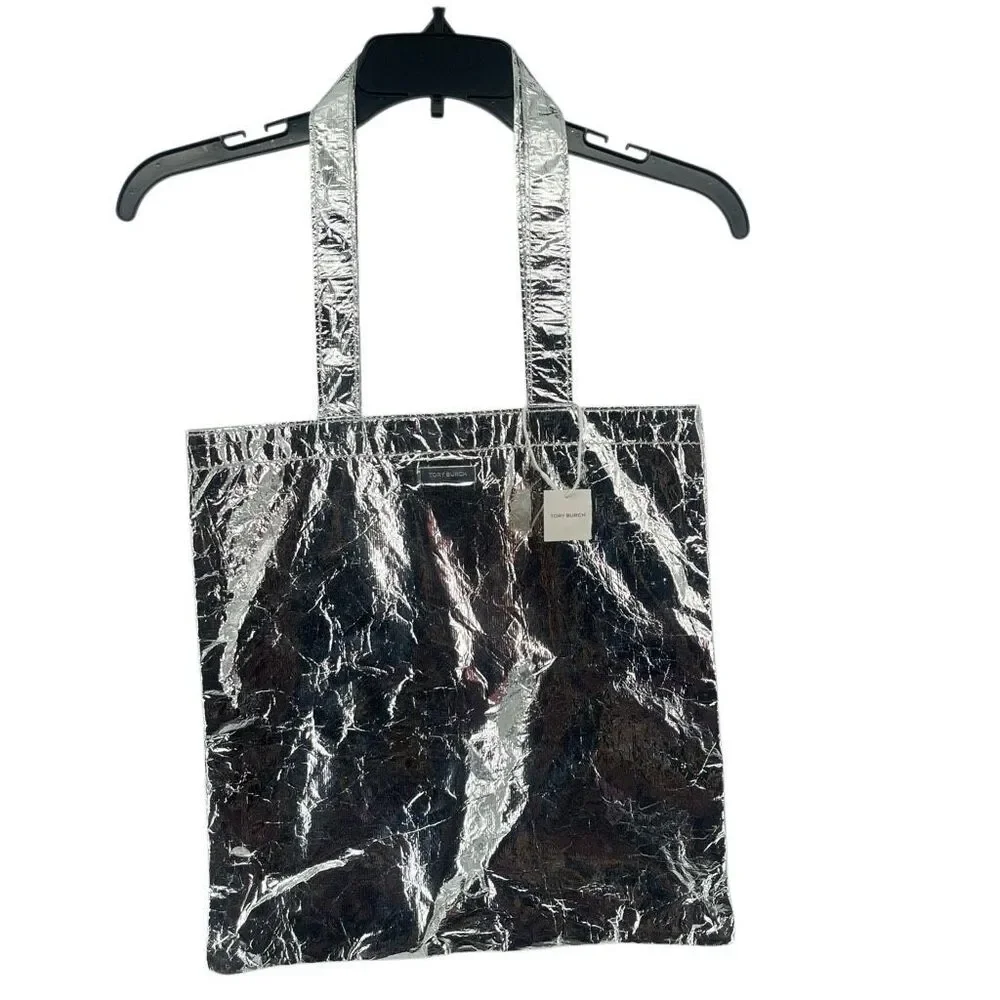 Tory Burch Metallic Silver Tote Bag NWT Crinkle Foil Statement Shopper 14x14